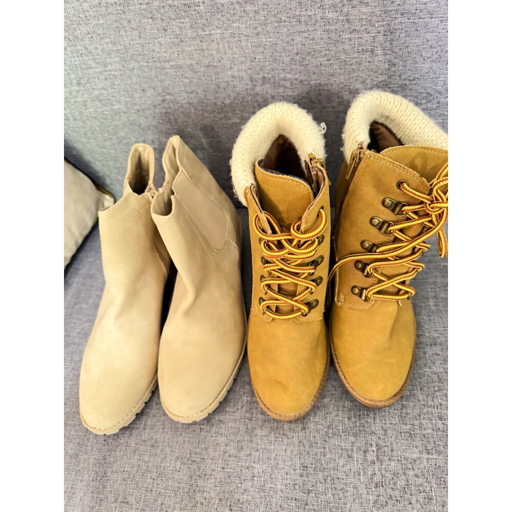 Women’s Bootie Ankle Boots Lot 2 Beige & Tan Lace-Up Faux Fur Lined 7.5